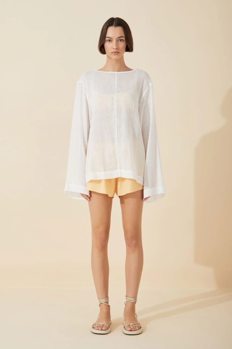 Linen Blend Pullover Top | White